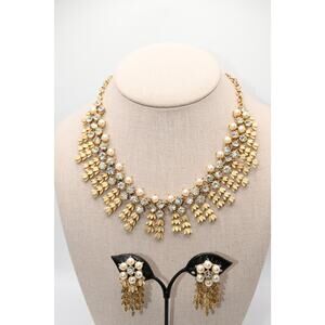 Vintage Sarah Coventry Pearl Rhinestone Necklace & Dangle Earrings Set